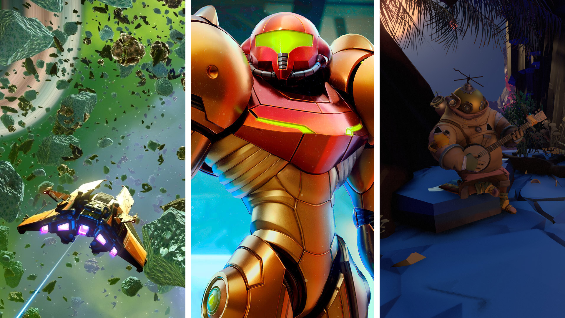 Split image showing screenshots from three Switch sci-fi games: No Man&#039;s Sky, Metroid Prime: Remastered, and Outer Wilds