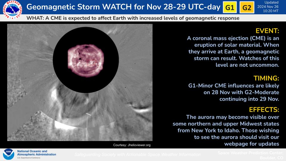 a map and accompanying text outline aurora forecasts for Nov. 28 and 29.